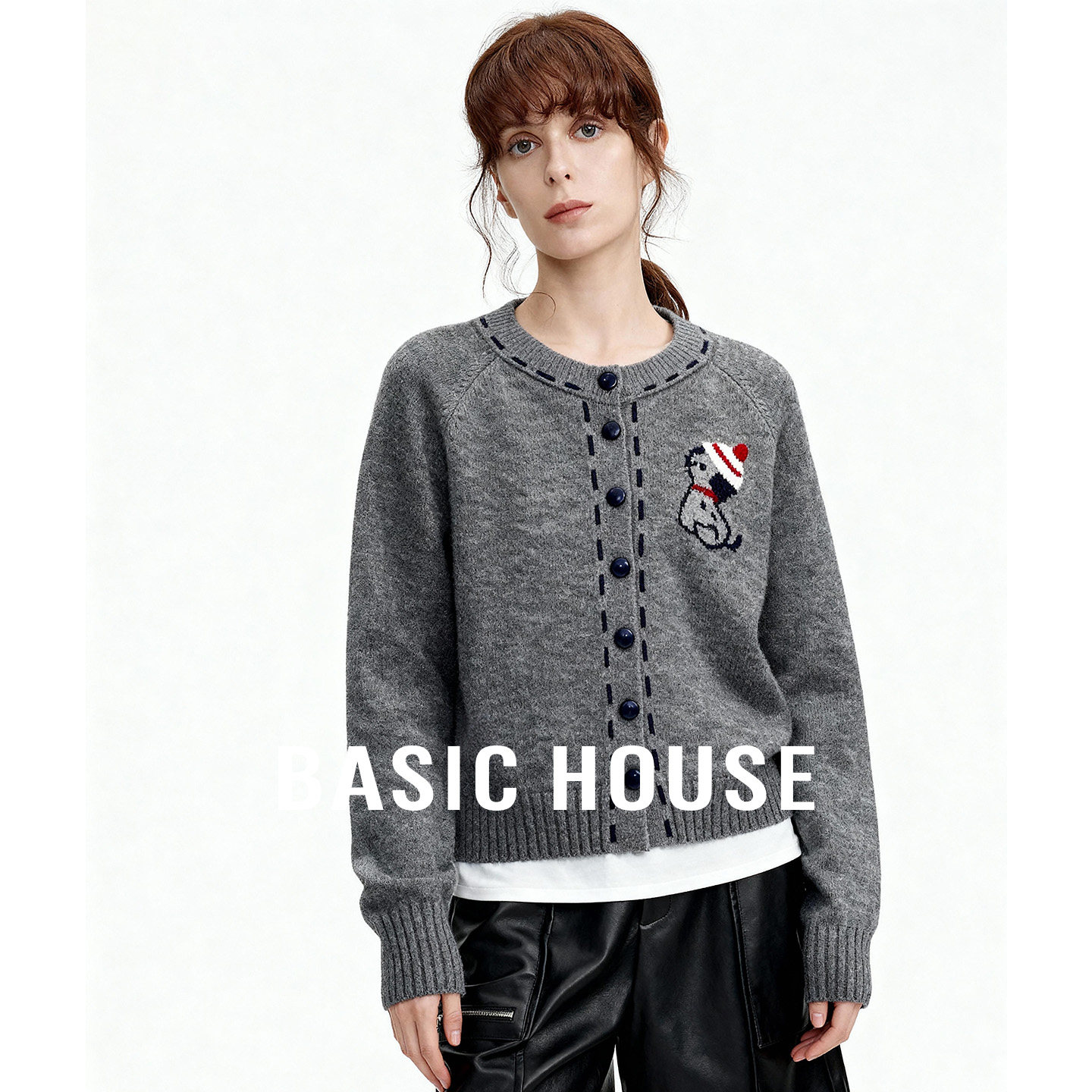 Basic House/百家好秋冬刺绣保暖针织开衫女圆领软糯可爱百搭上衣