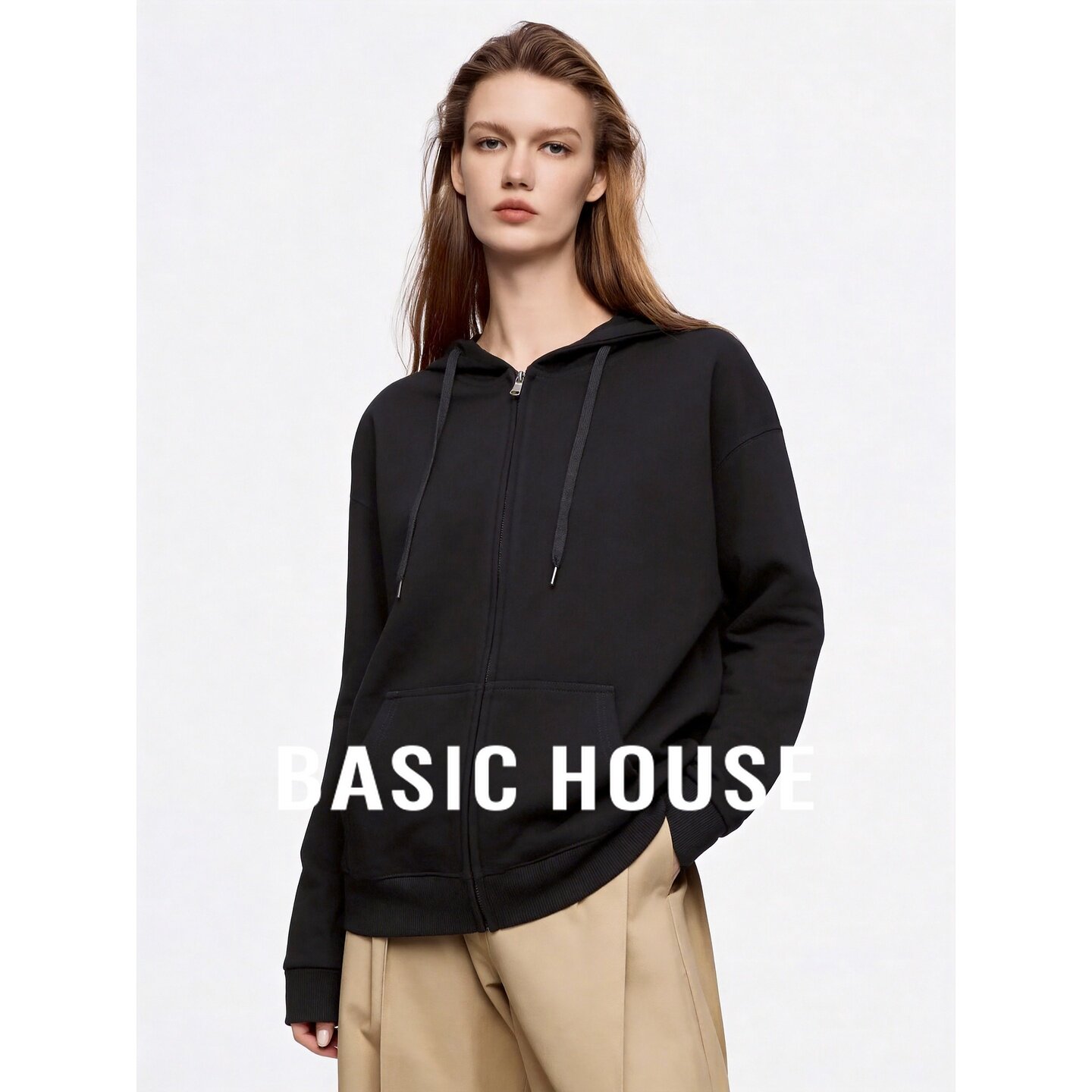 Basic House/百家好2026秋季含棉连帽拉链宽松长袖女简约休闲卫衣
