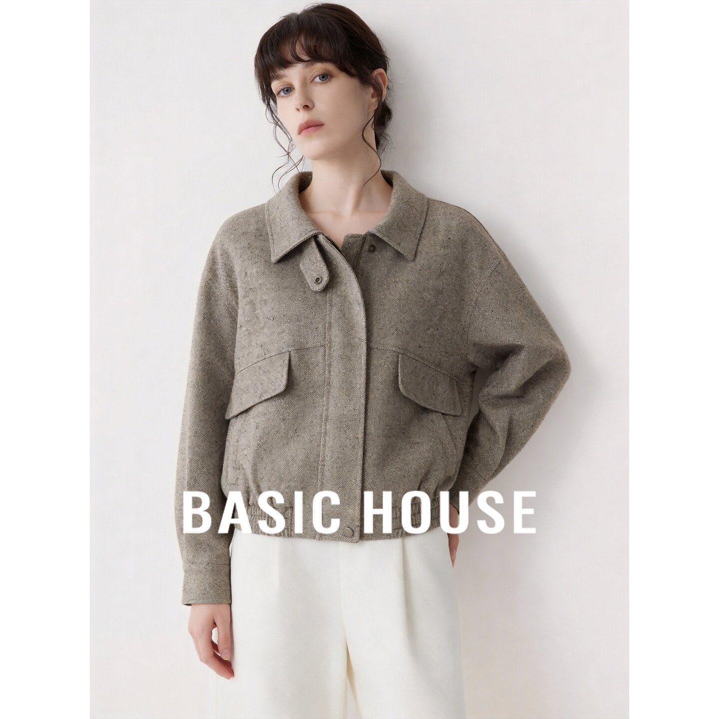 Basic House/百家好简约短外套女卡其色双口袋拉链外套早秋穿搭