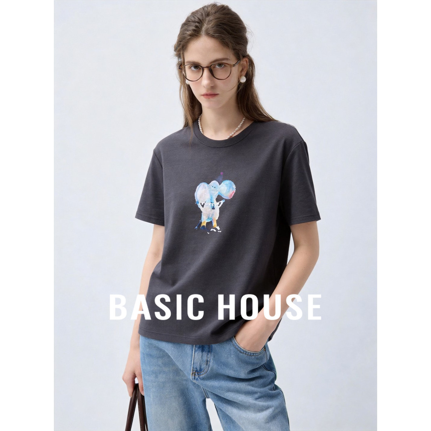 Basic House/百家好日常休闲灰色大象印花短袖薄款宽松显瘦T恤女