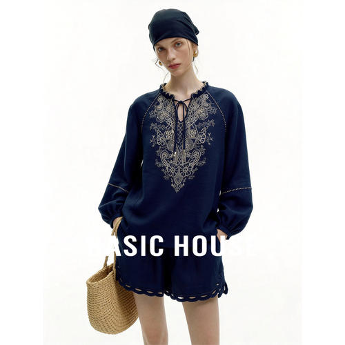 Basic House/百家好民族风绣花系带苎麻衬衫女宽松洋气小衫