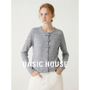 修身 Basic 女春季 百家好灰色简约圆领纽扣针织开衫 显瘦上衣 House