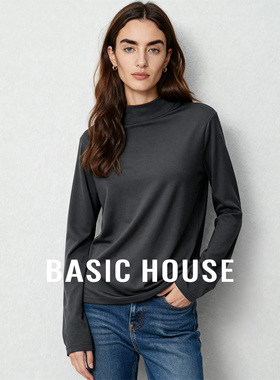 Basic House/百家好秋冬圆领纯色简约长袖内搭T恤女百搭基础上衣