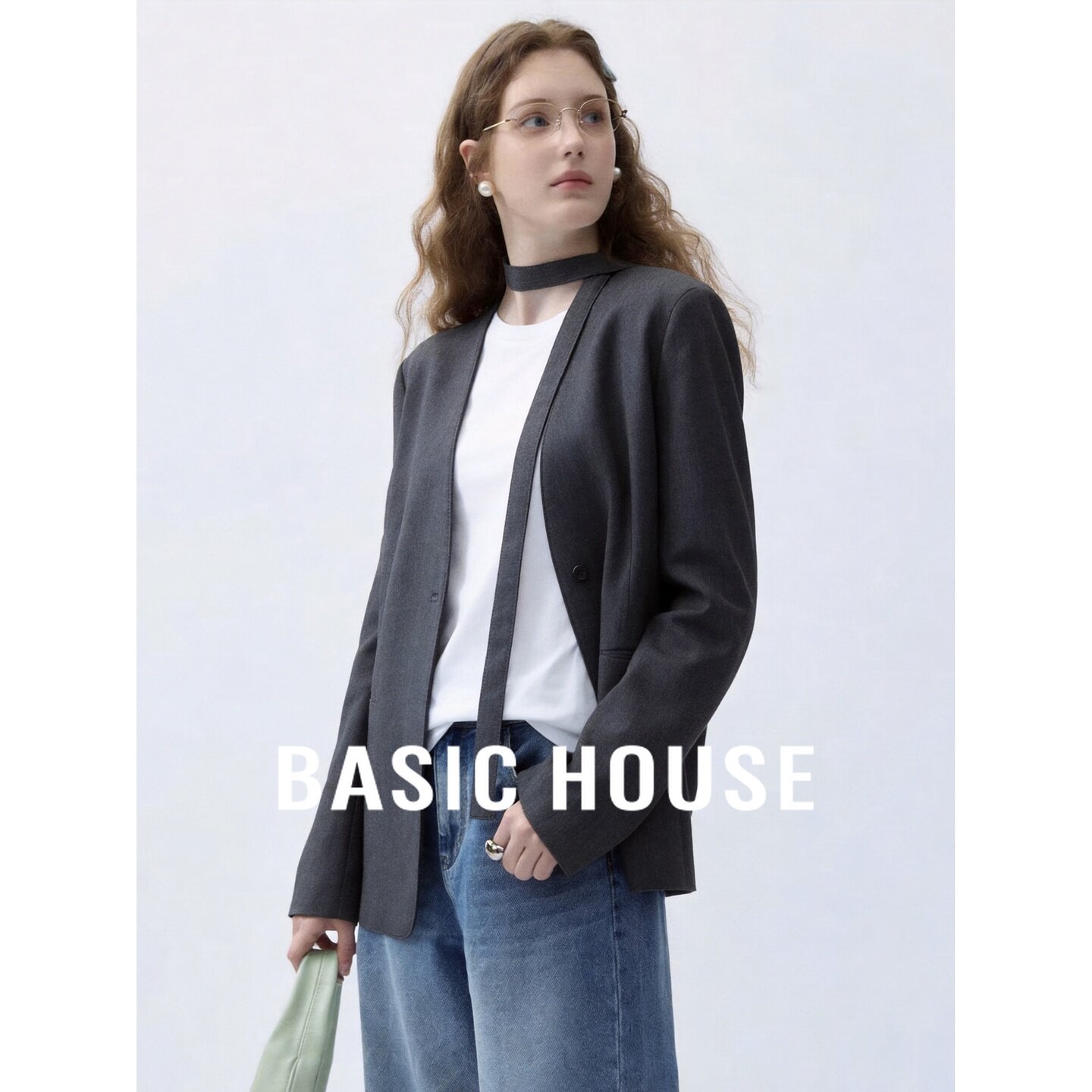 Basic House/百家好设计感西装外套女灰色流行百搭气质职场穿搭