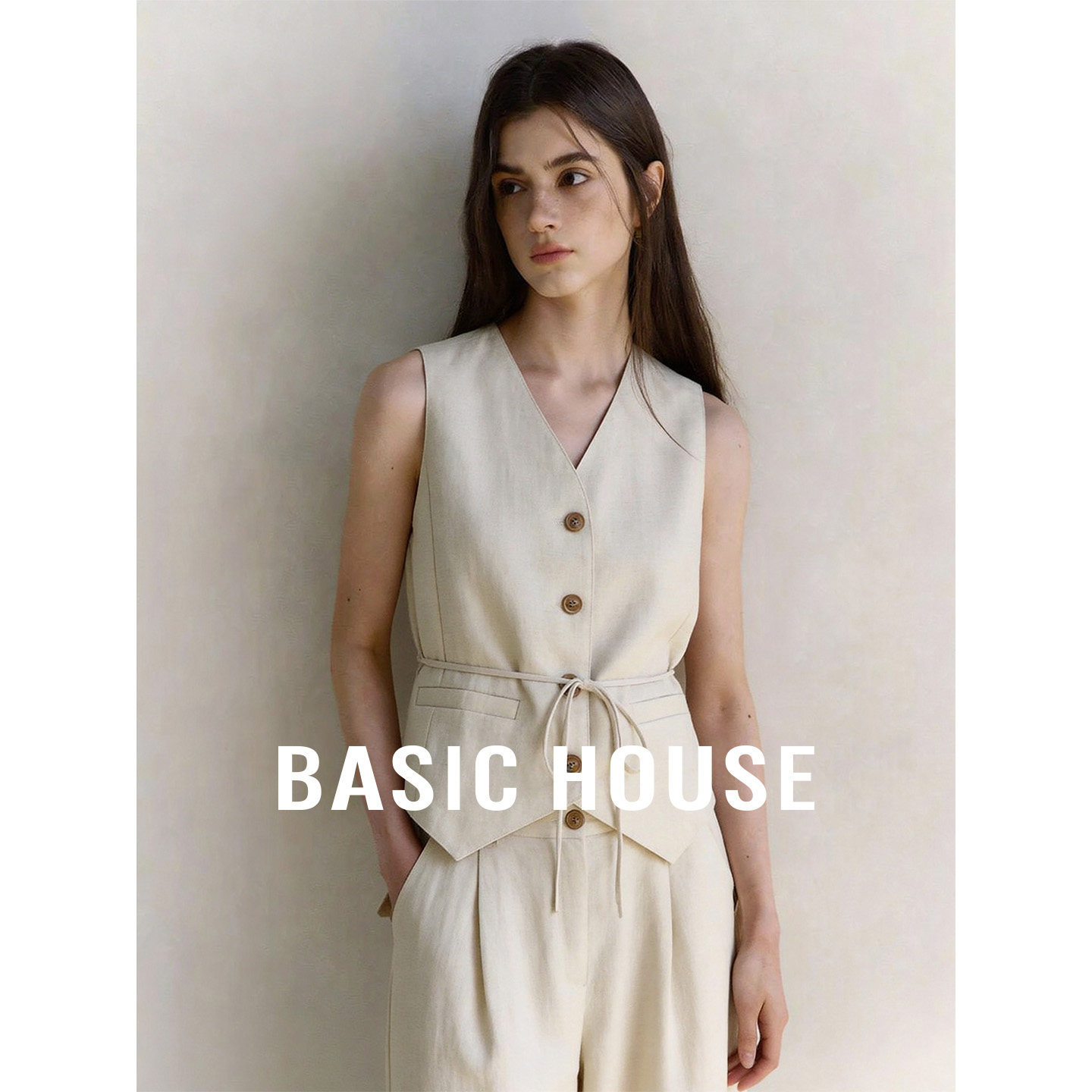 Basic House/百家好休闲套装女V领系带收腰马甲高腰西装裤两件套