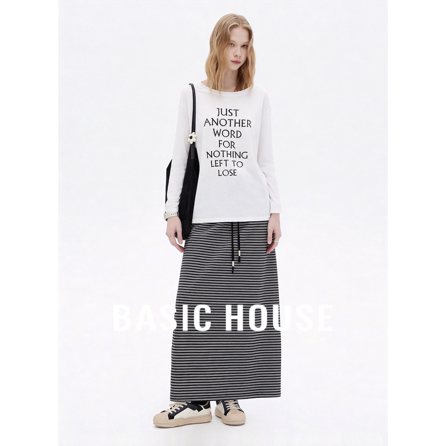 Basic House/百家好慵懒风莱赛尔薄款罩衫条纹长裙两件套女休闲