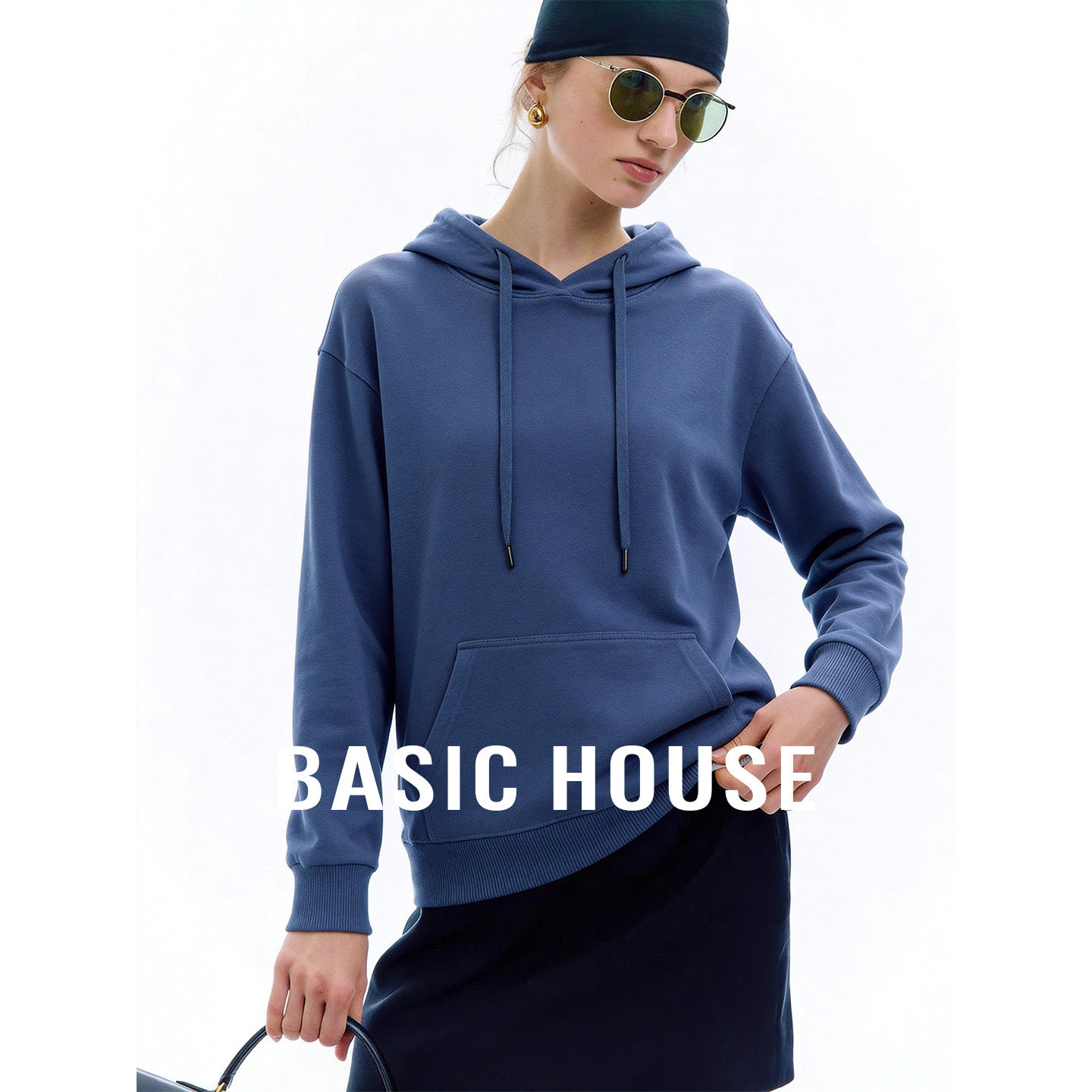 Basic House/百家好连帽纯色宽松长袖卫衣春季新款百搭抽绳上衣女