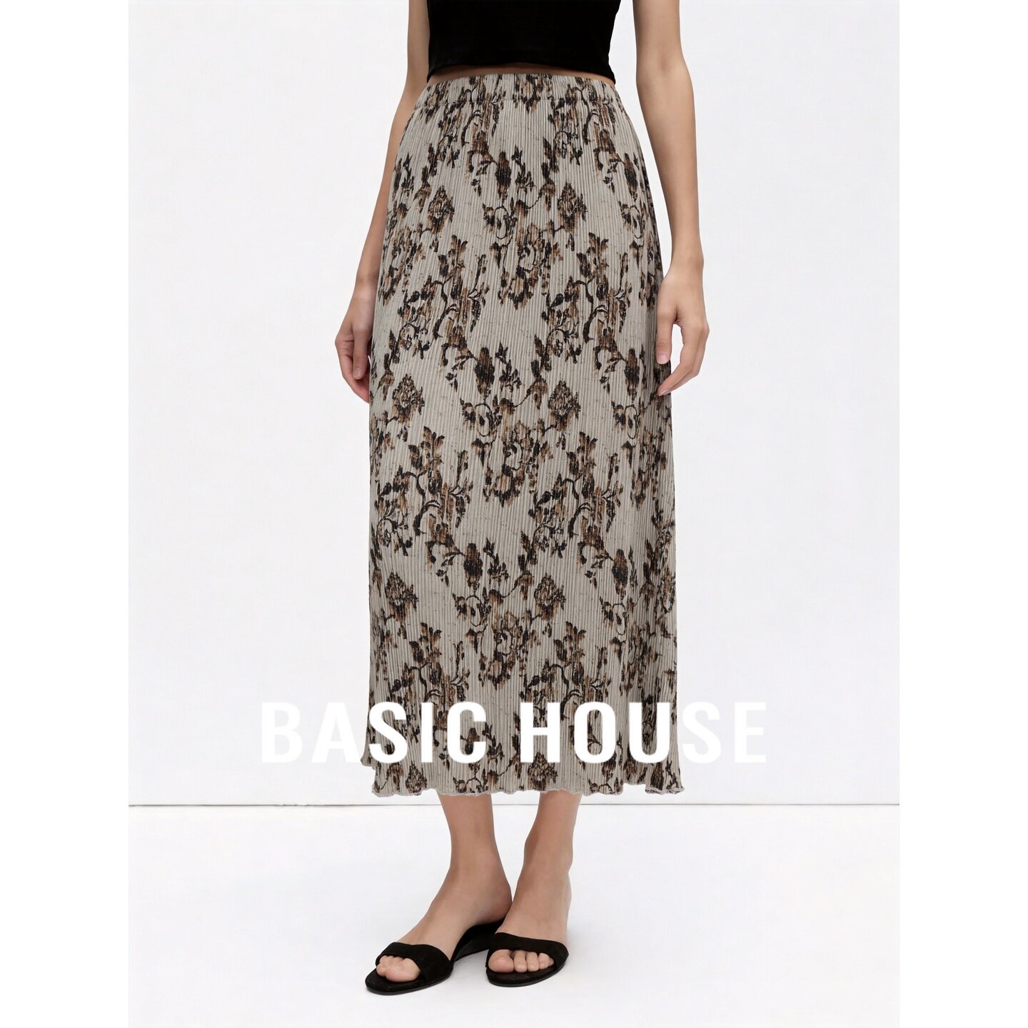 Basic House/百家好复古印花褶皱半身裙女夏灰绿色显瘦百搭A字裙
