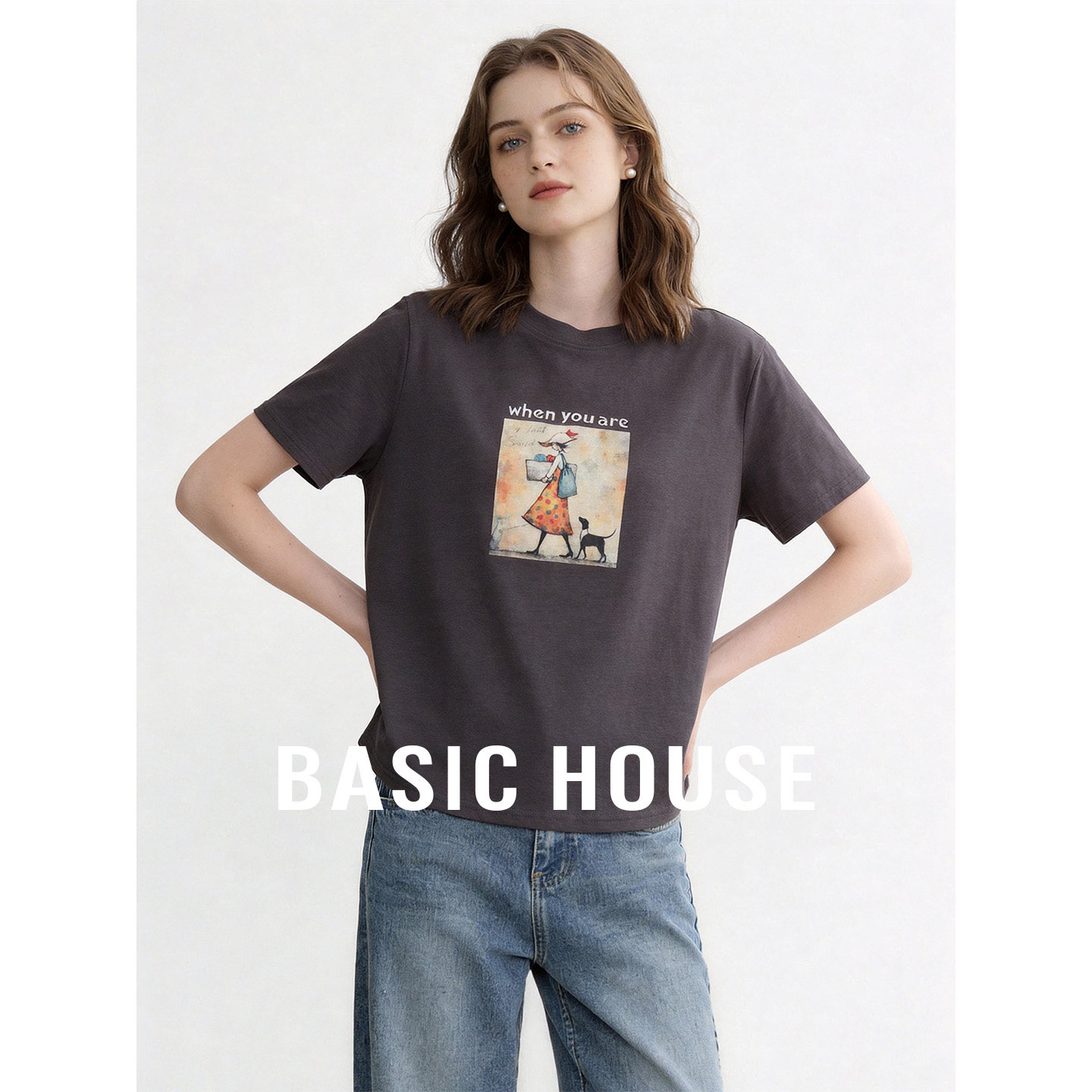 Basic House/百家好圆领含棉舒适百搭短袖T恤女夏印花超好看上衣