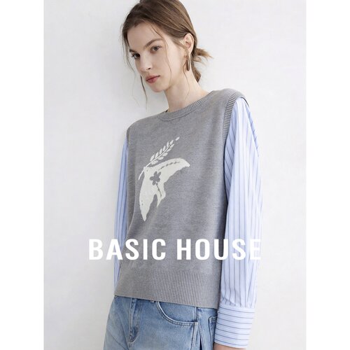 Basic House/百家好假两件条纹拼接针织衫女圆领飞鸟提花秋季上衣