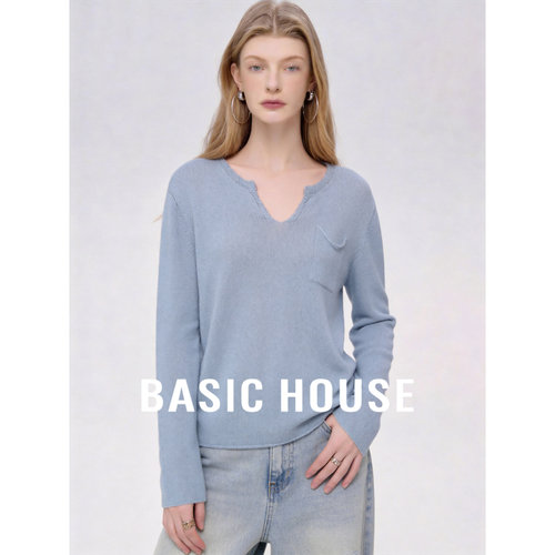 Basic House/百家好慵懒V领卷边长袖女宽松百搭舒适上衣早秋穿搭