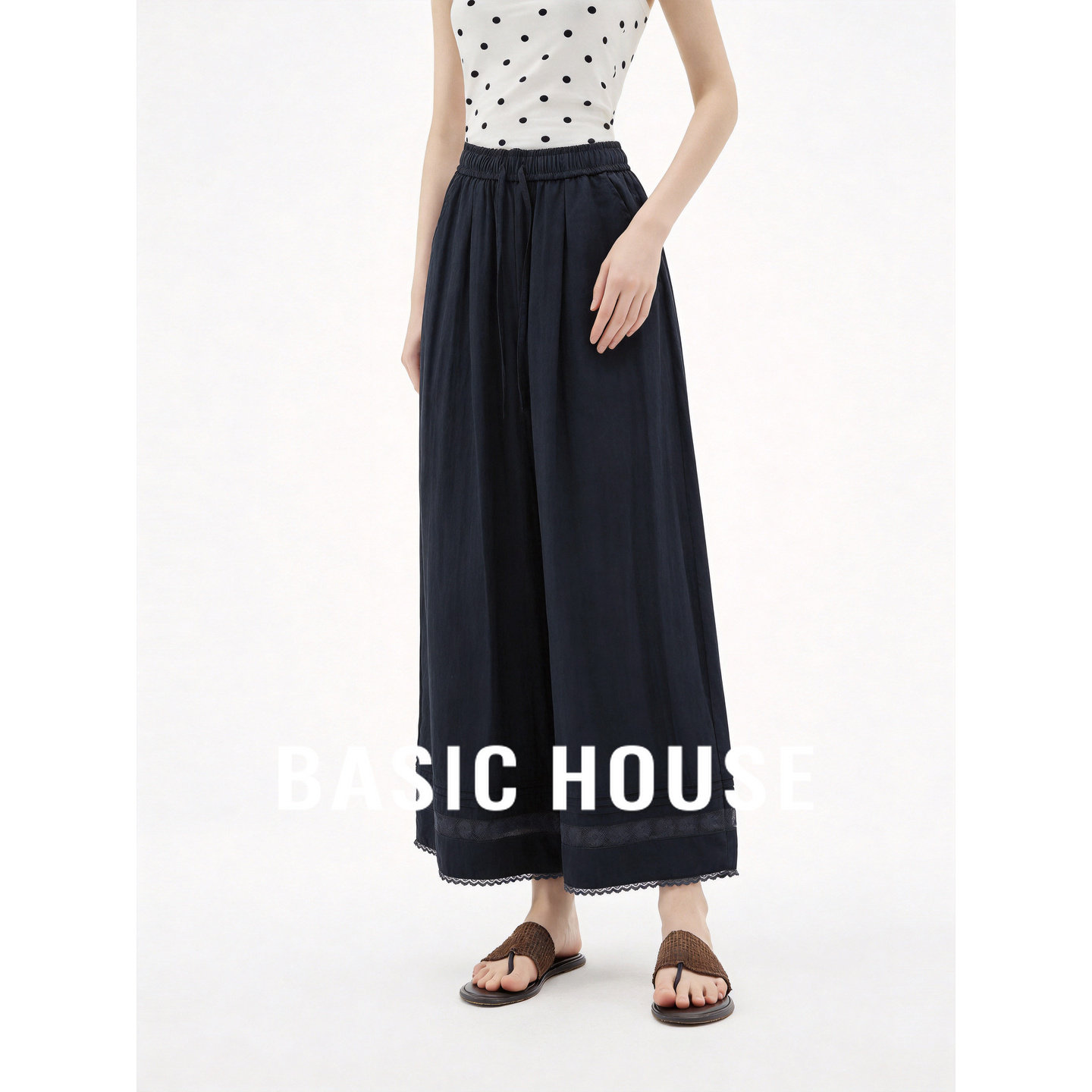 Basic House/百家好简约风高腰阔腿裤女夏宽松显瘦透气休闲九分裤