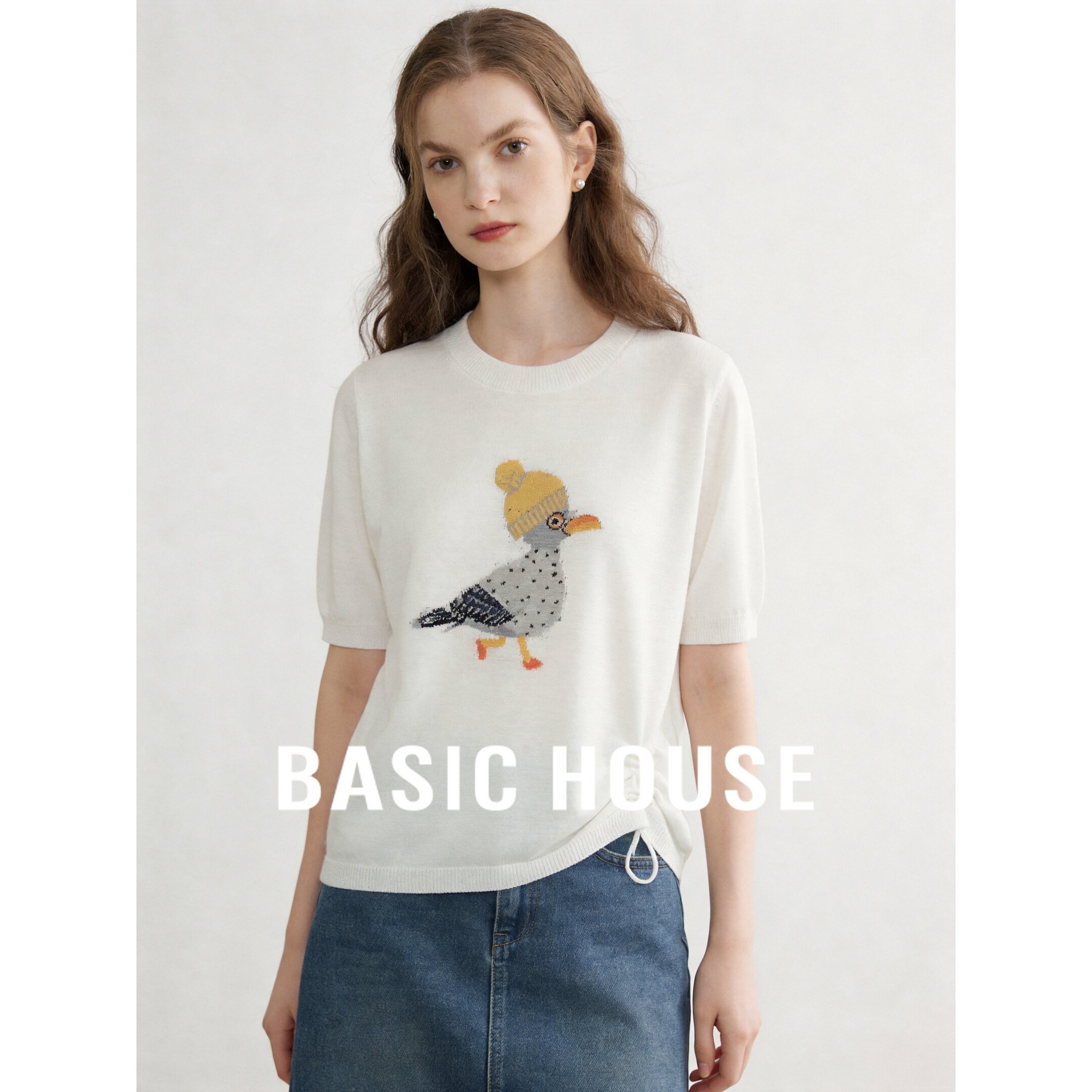 Basic House/百家好圆领短袖针织衫刺绣宽松女装韩版日常T恤上衣