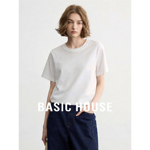 Basic House/百家好亚麻纯色短袖T恤女夏季百搭圆领宽松打底上衣