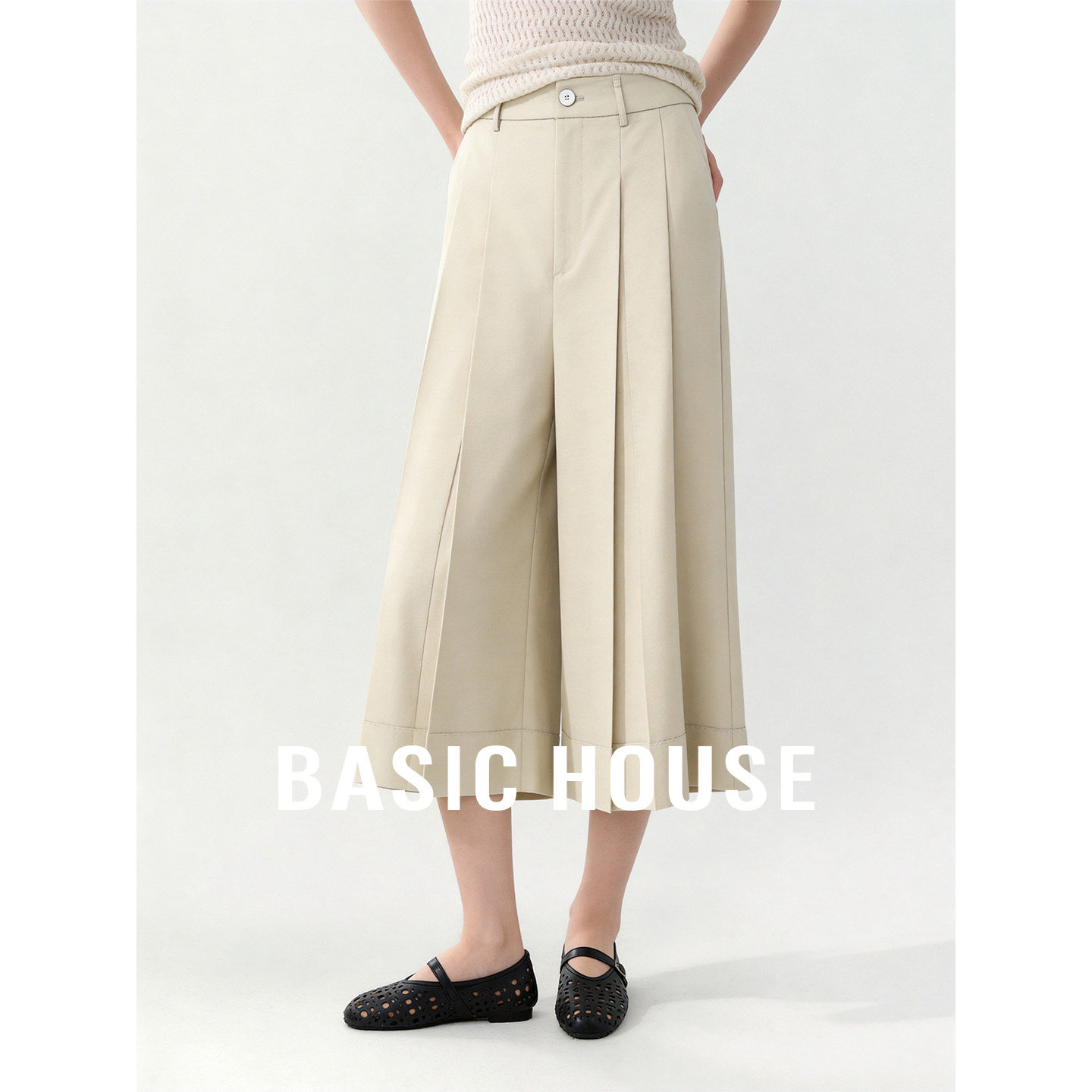 Basic House/百家好纯色褶皱裙裤2026秋季新款百搭宽松阔腿七分裤