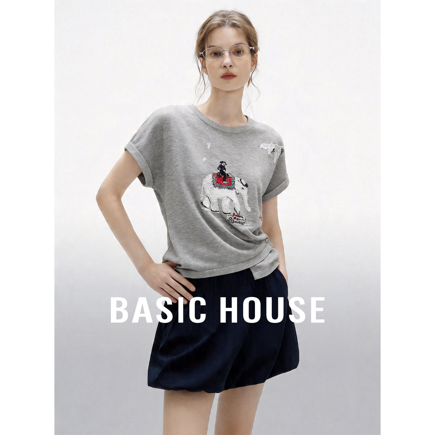 Basic House/百家好圆领系扣下摆宽松针织衫夏季新款轻薄套头上衣