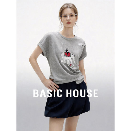 Basic House/百家好圆领系扣下摆宽松针织衫夏季新款轻薄套头上衣
