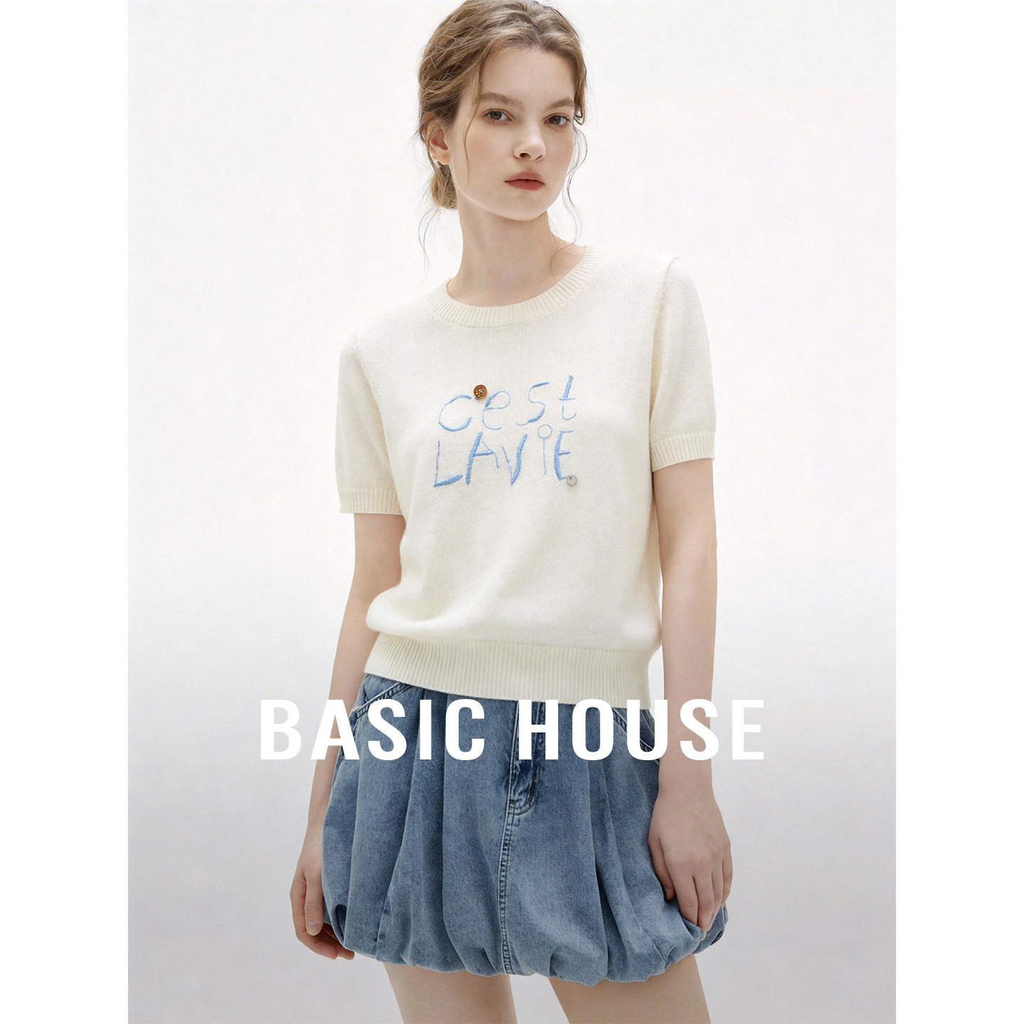 Basic House/百家好字母刺绣短袖针织衫2026新款圆领宽松套头上衣