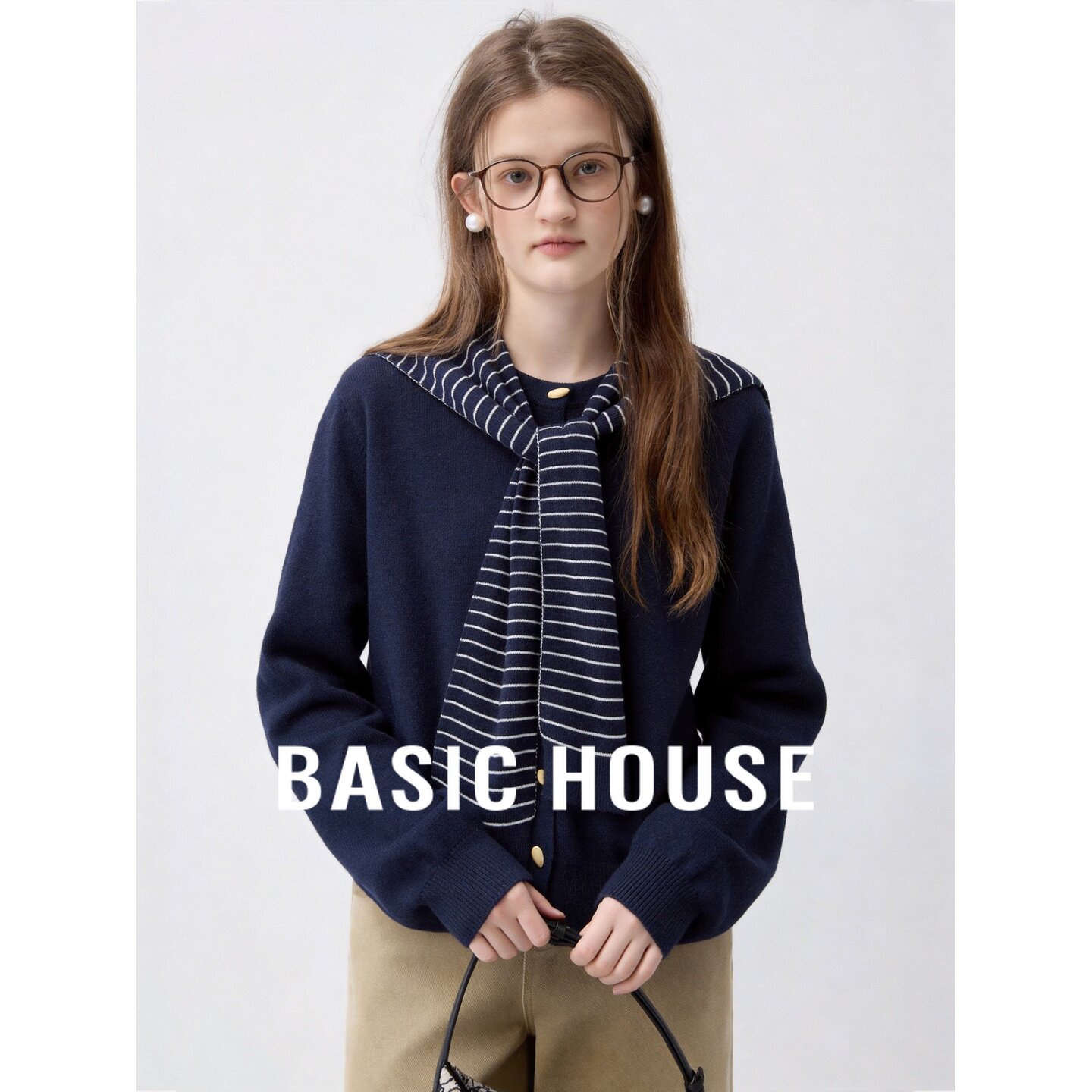 Basic House/百家好海军风条纹披肩针织开衫女宽松减龄毛衣开衫