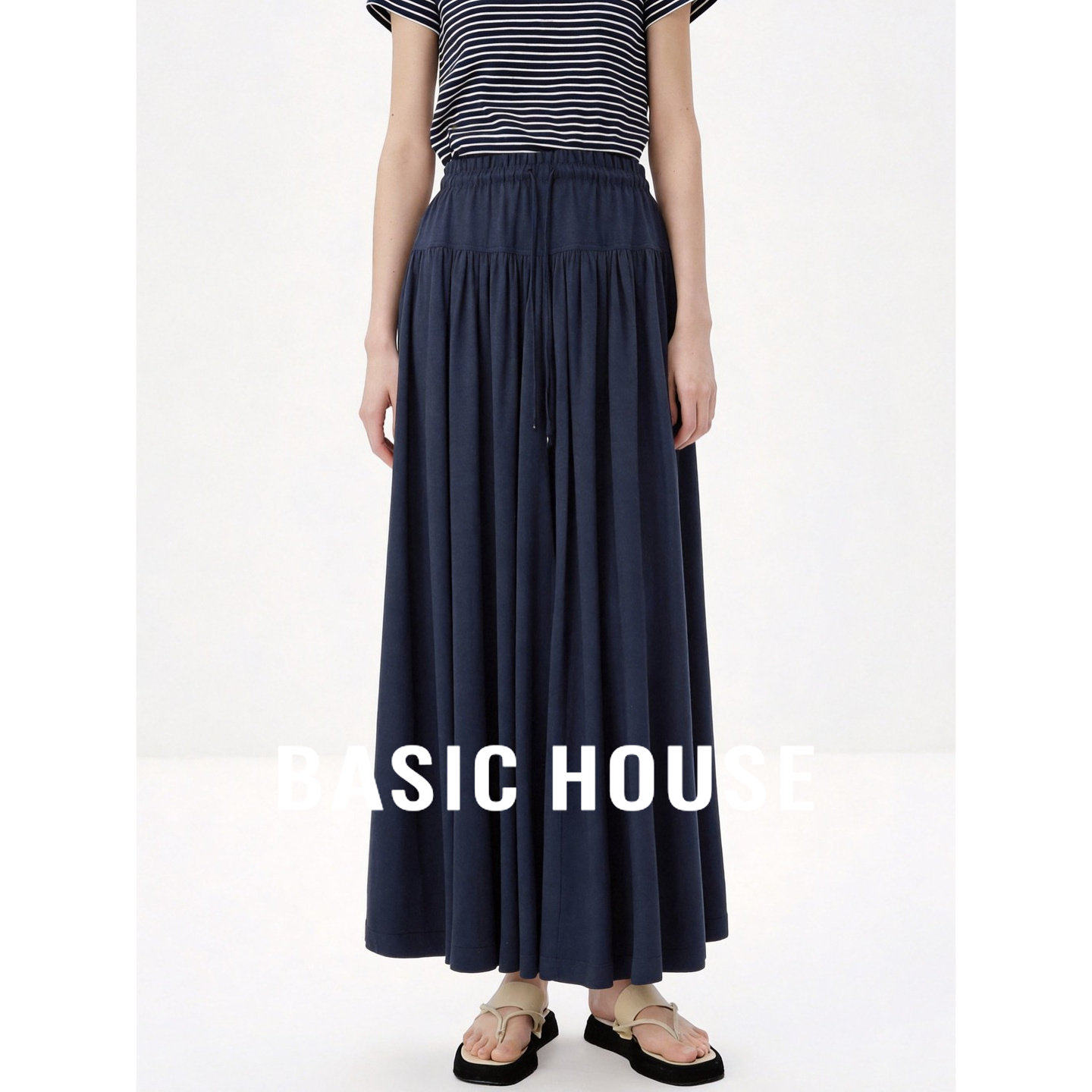 Basic House/百家好藏青色阔腿裙裤女2026夏薄款显瘦垂感九分长裤