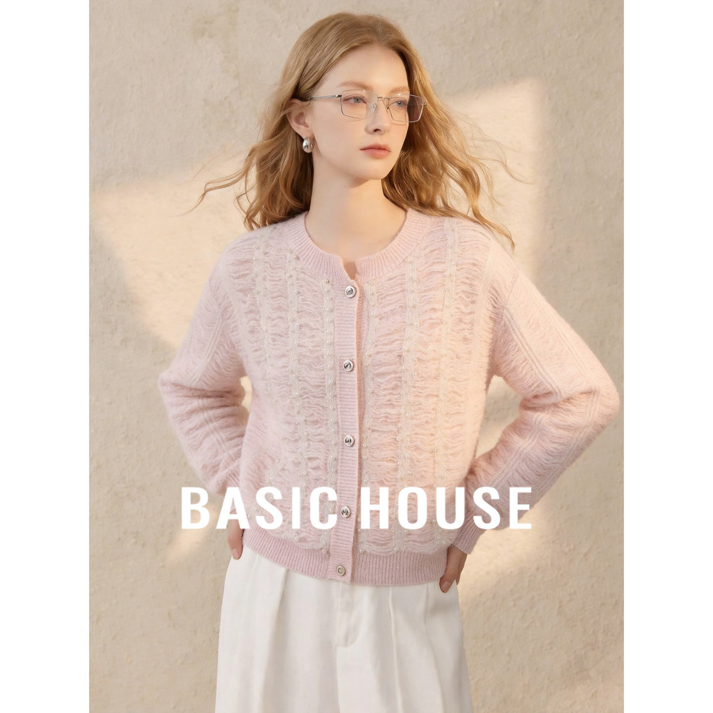 Basic House/百家好马海毛羊毛粉色镂空宽松优雅风长袖针织开衫女