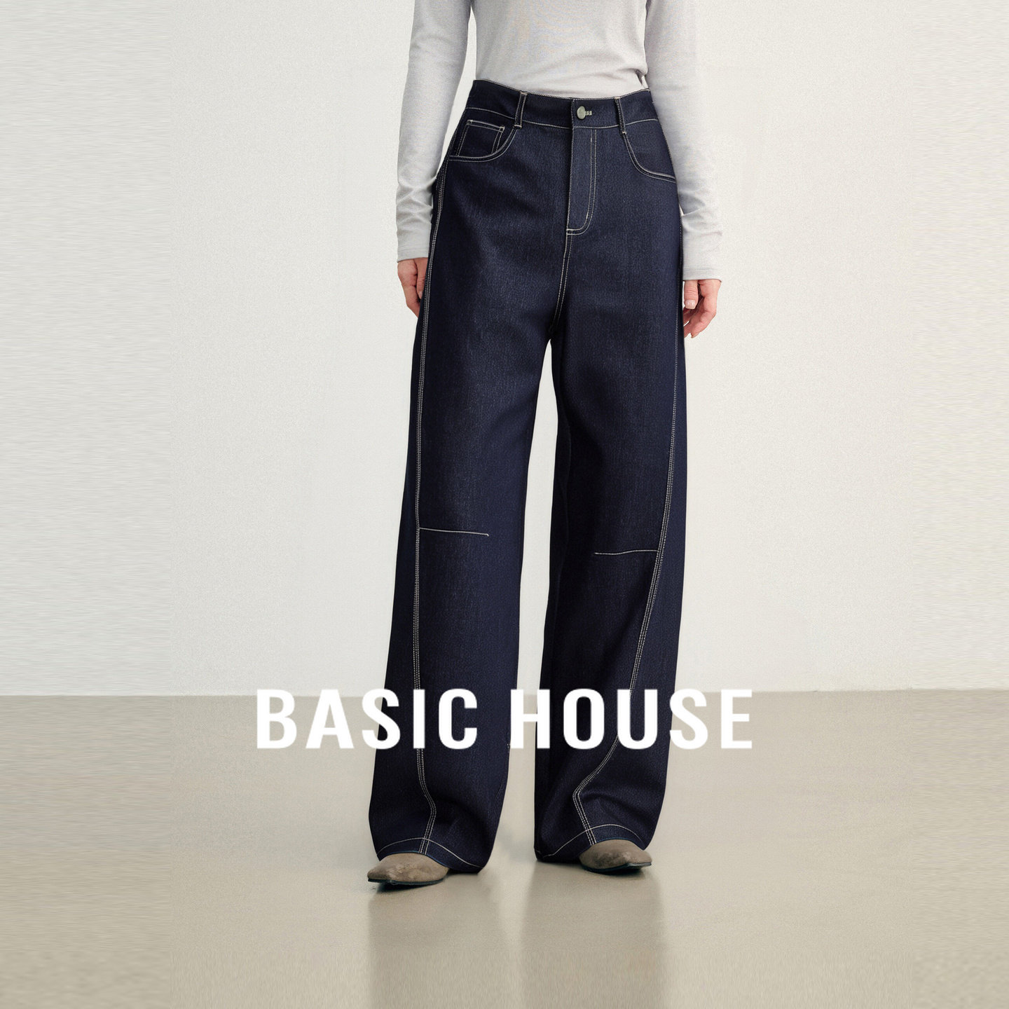 Basic House/百家好经典复古拼接弯刀牛仔裤阔腿显瘦高腰休闲长裤