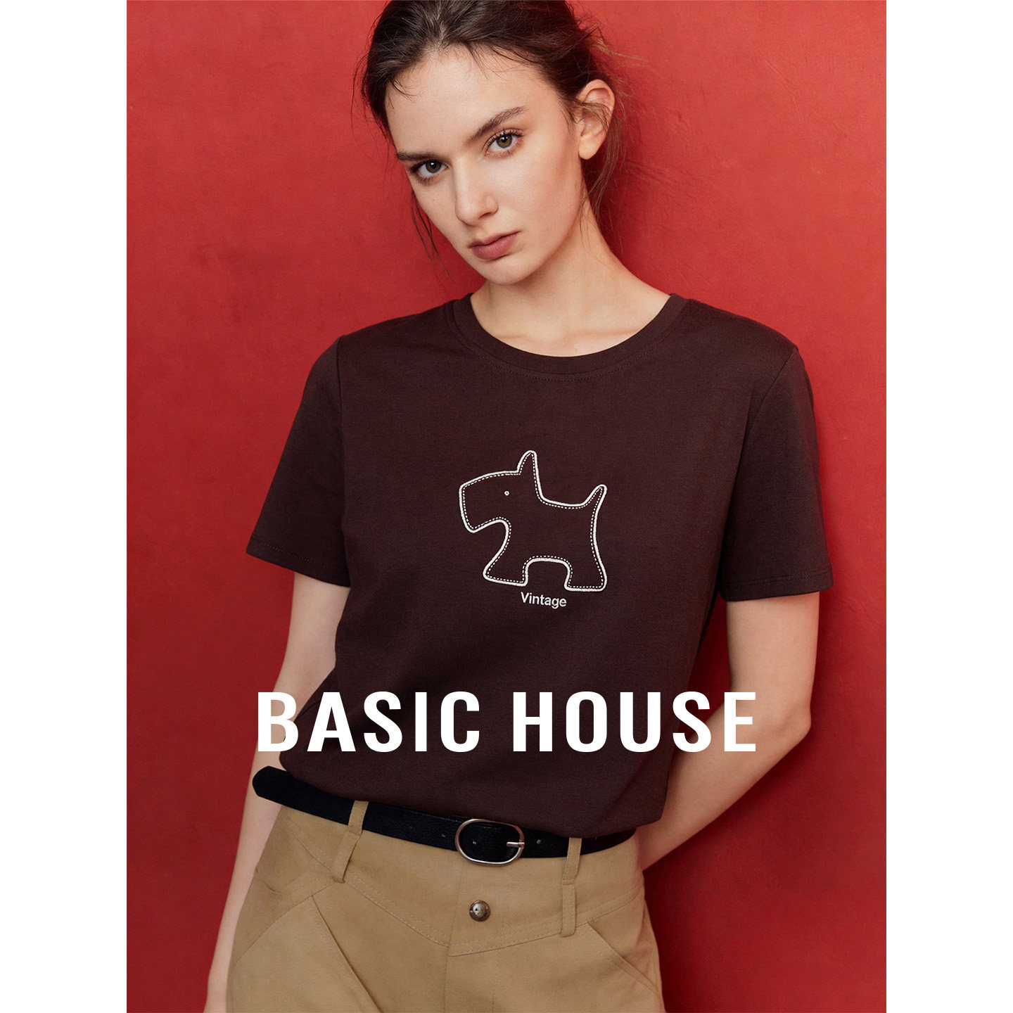 Basic House/百家好卡通正肩圆领短袖女夏季2026新款短款显瘦T恤