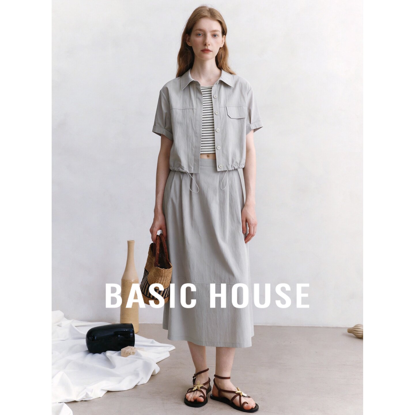 Basic House/百家好灰色简约衬衫半身裙套装女夏季休闲宽松两件套