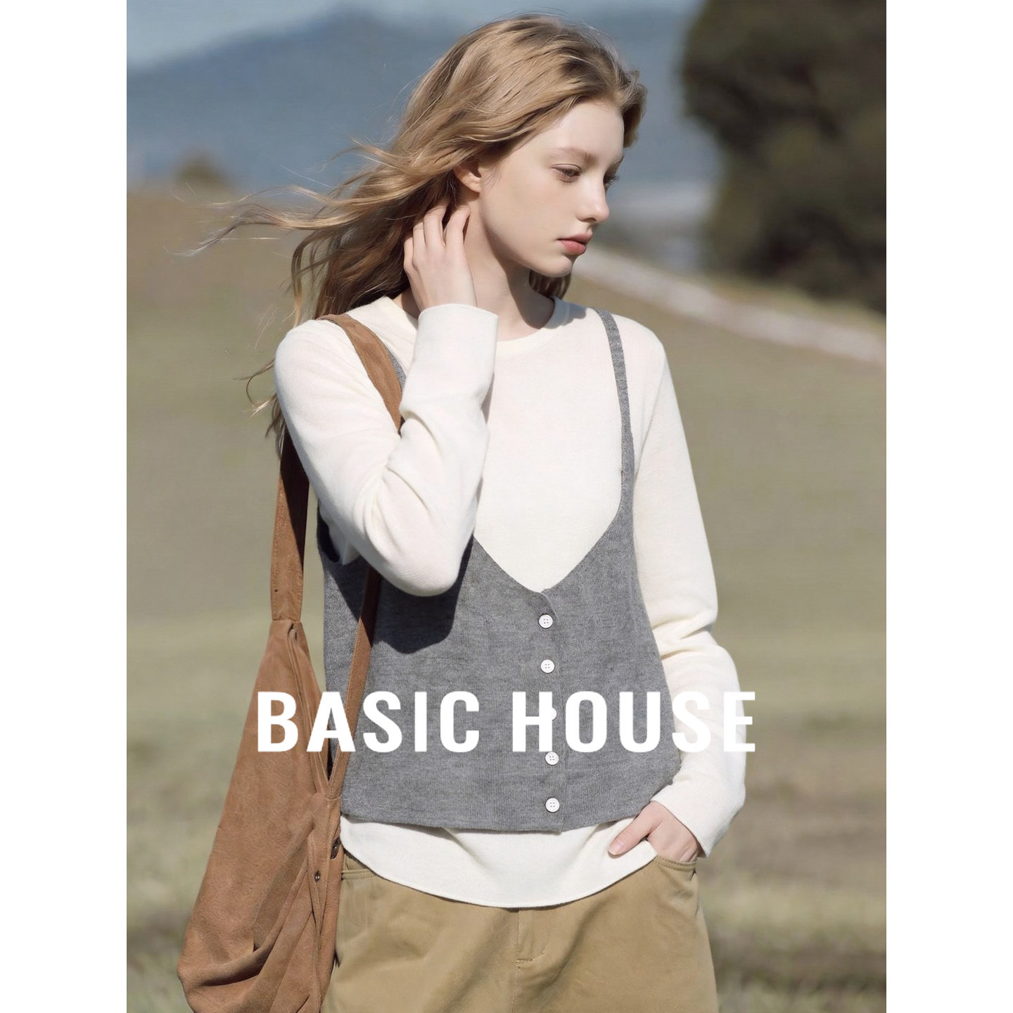 Basic House/百家好韩系假两件针织衫女绵羊毛吊带背心设计感上衣