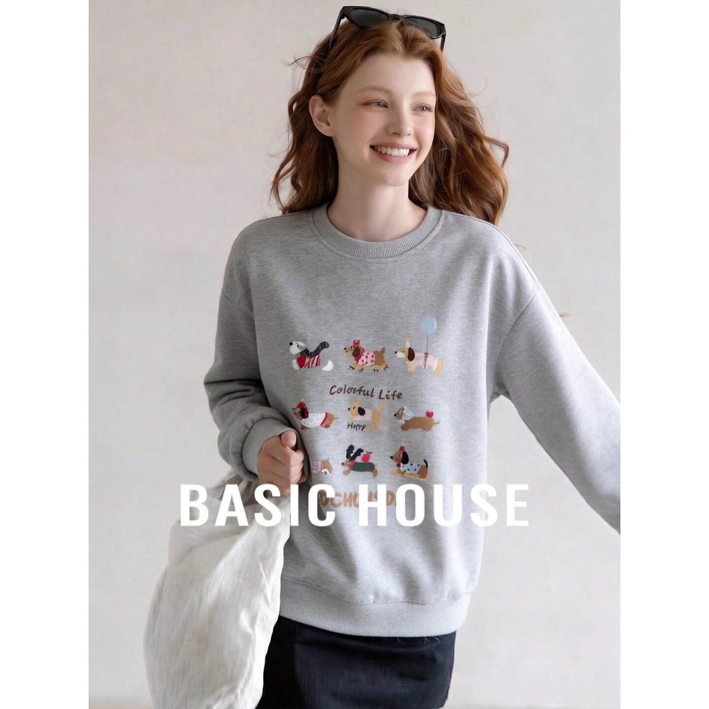 Basic House/百家好动物刺绣含棉圆领宽松长袖日常通勤休闲卫衣女