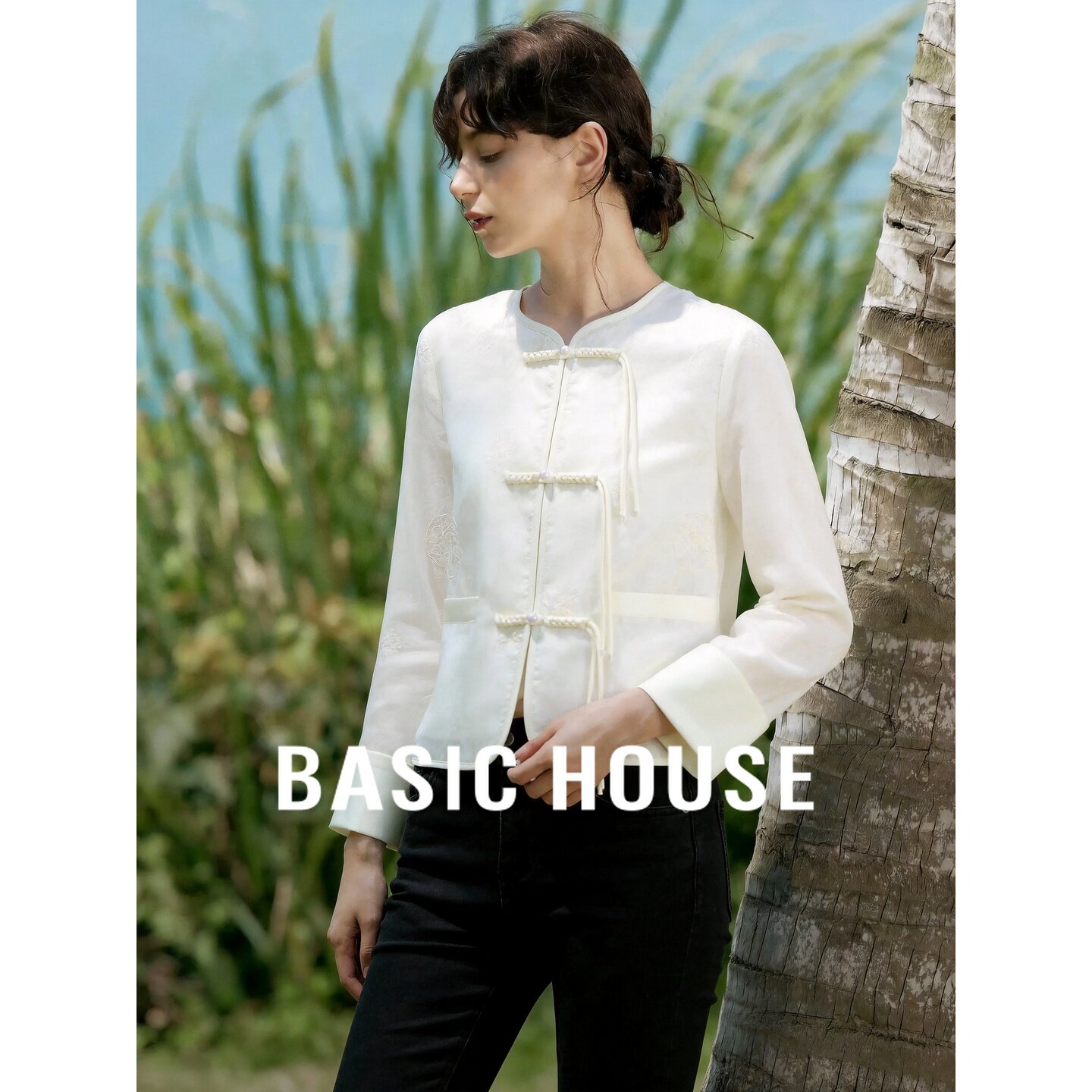 Basic House/百家好新中式盘扣白色衬衫女长袖设计感百搭外套上衣