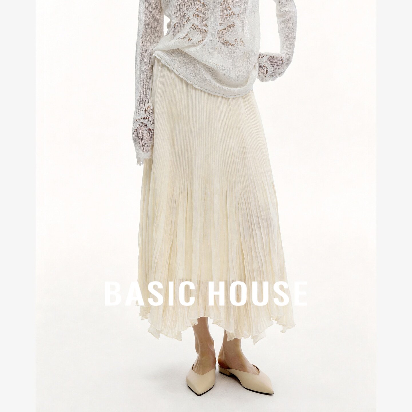 Basic House/百家好温柔风百褶半身裙女长款不规则下摆显瘦优雅裙