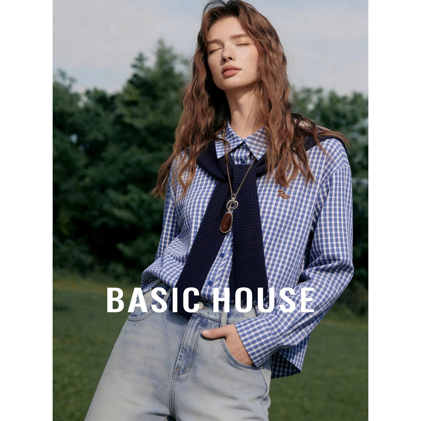 Basic House/百家好polo领设计感带披肩衬衫女秋季通勤百搭上衣