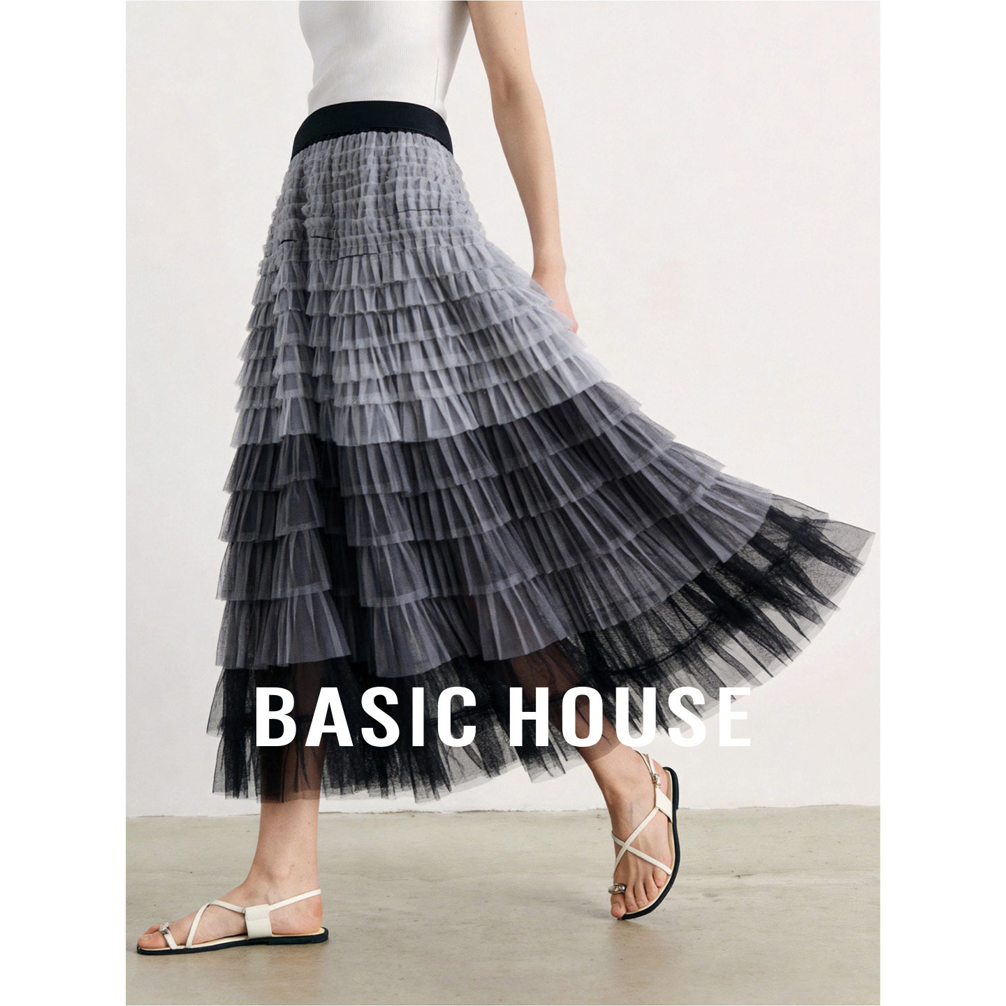 Basic House/百家好高腰拼接大裙摆半身裙夏季新款撞色中长款裙子