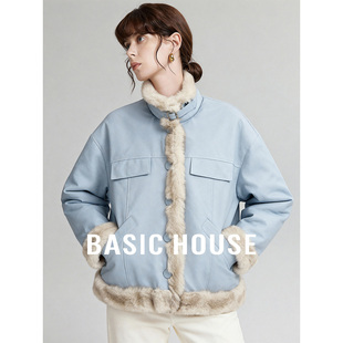 百家好冬季新款两面穿单排扣毛毛外套女简约保暖蓝色短款加厚上衣