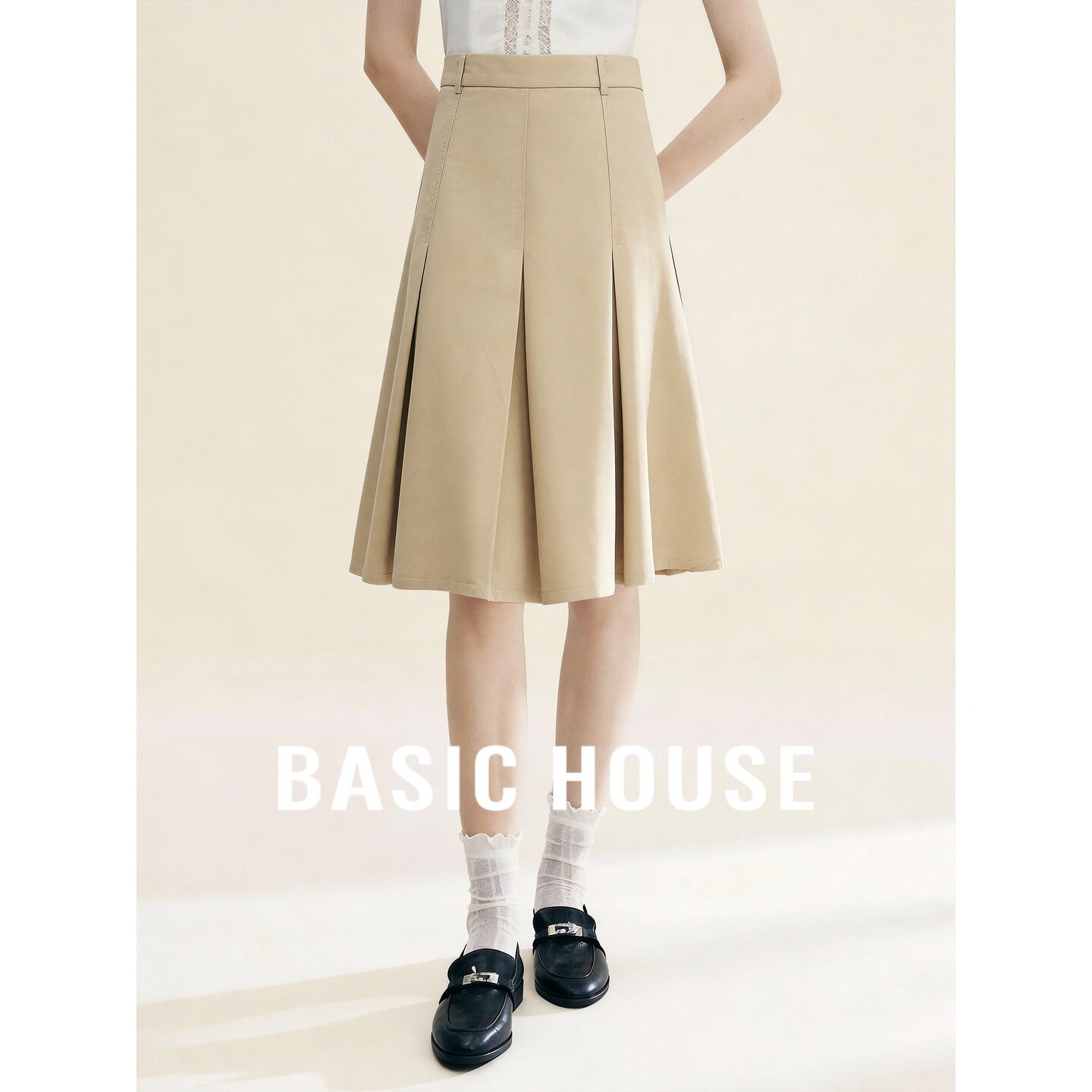 Basic House/百家好卡其高腰学院风半身裙女夏季纯色棉舒适百褶裙