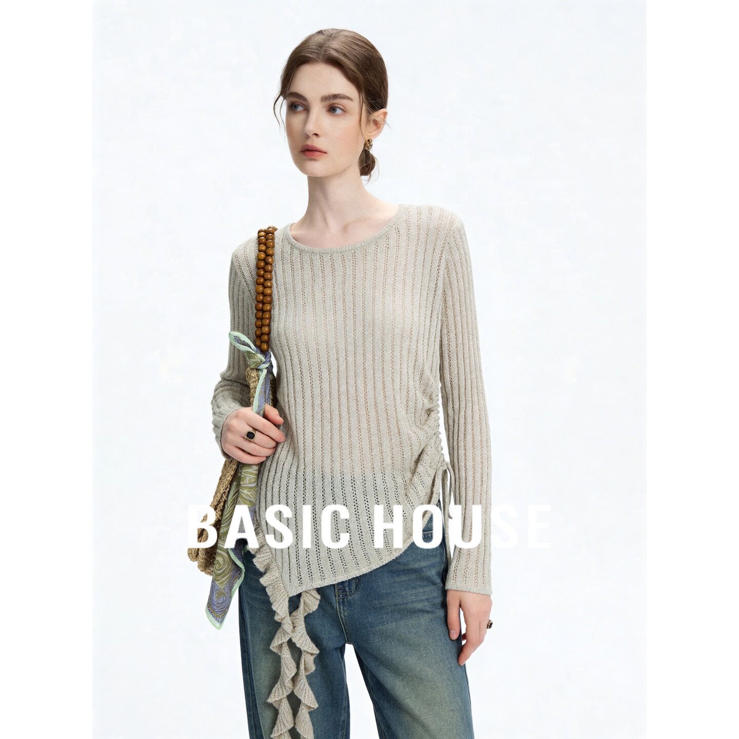 Basic House/百家好杏色坑条针织衫设计感不规则绑带下摆毛衣女秋