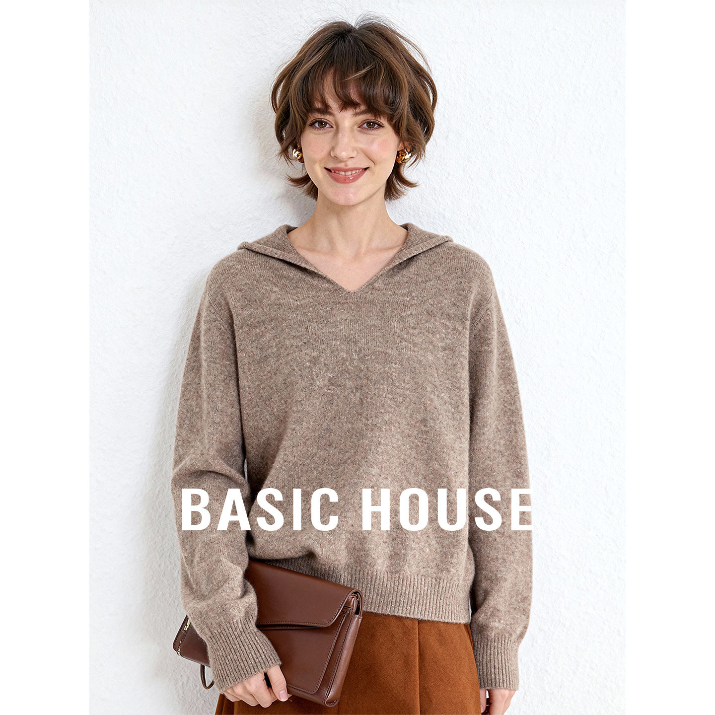 Basic House/百家好绵羊毛宽松短款毛衣2025冬季新款长袖连帽上衣