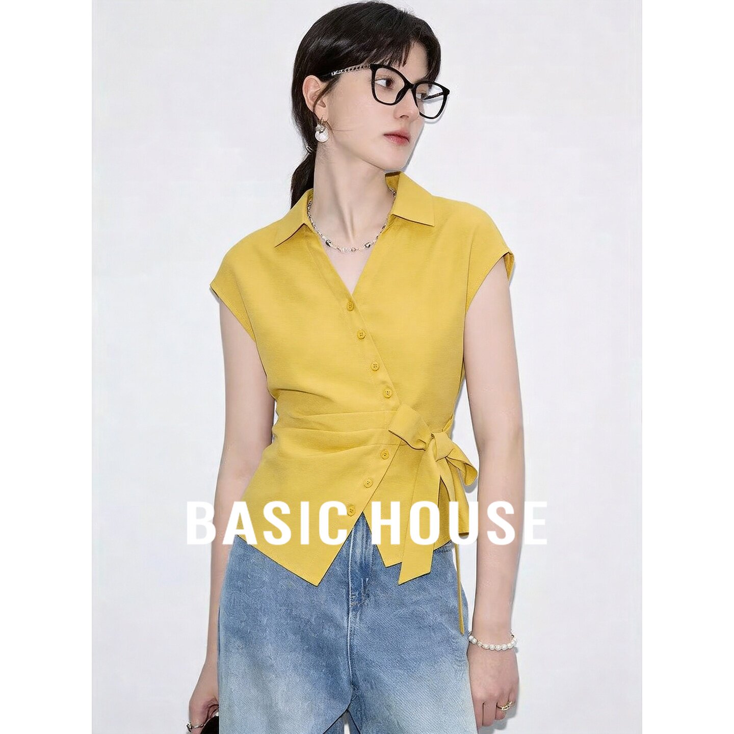 Basic House/百家好黄色V领无袖衬衫女2026夏莱赛尔日常通勤上衣