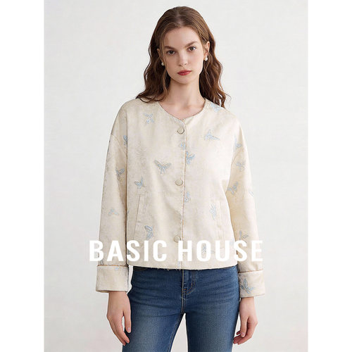 Basic House/百家好圆领新中式提花缎面短外套女春设计感百搭上衣