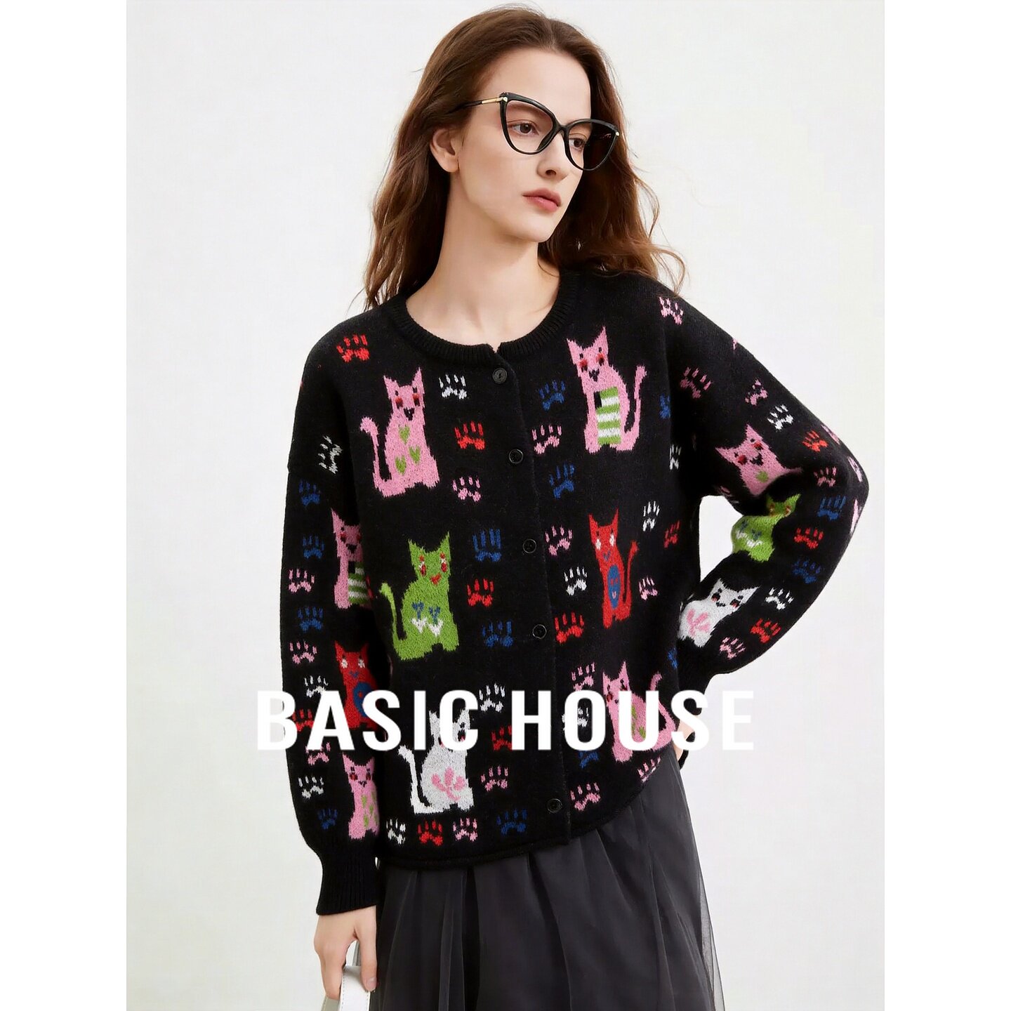 Basic House/百家好猫咪印花针织开衫女圆领长袖宽松日常韩版毛衣