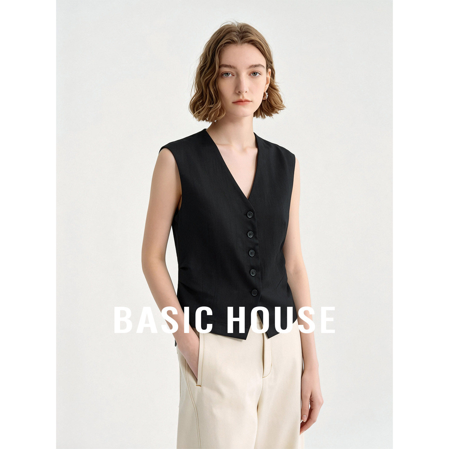 Basic House/百家好黑色V领气质高级感背心女26夏季叠穿百搭坎肩