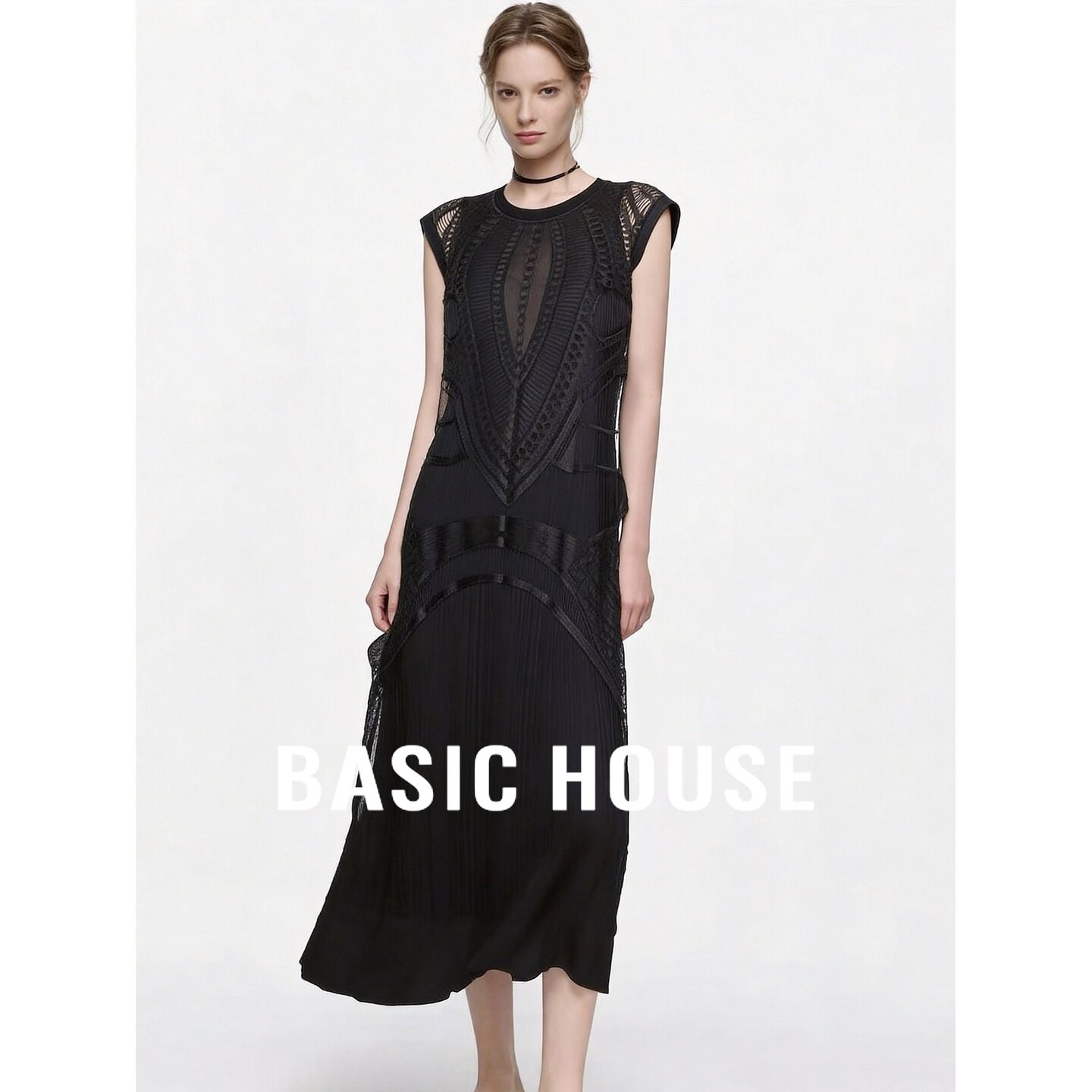 Basic House/百家好优雅气质镂空蕾丝连衣裙黑色流苏拼接显瘦长裙