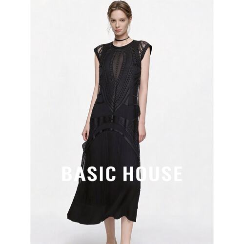 Basic House/百家好优雅气质镂空蕾丝连衣裙黑色流苏拼接显瘦长裙