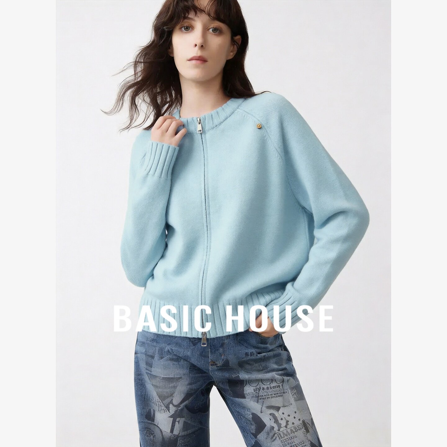 Basic House/百家好简约风双拉链针织开衫女宽松日常百搭毛衣外套