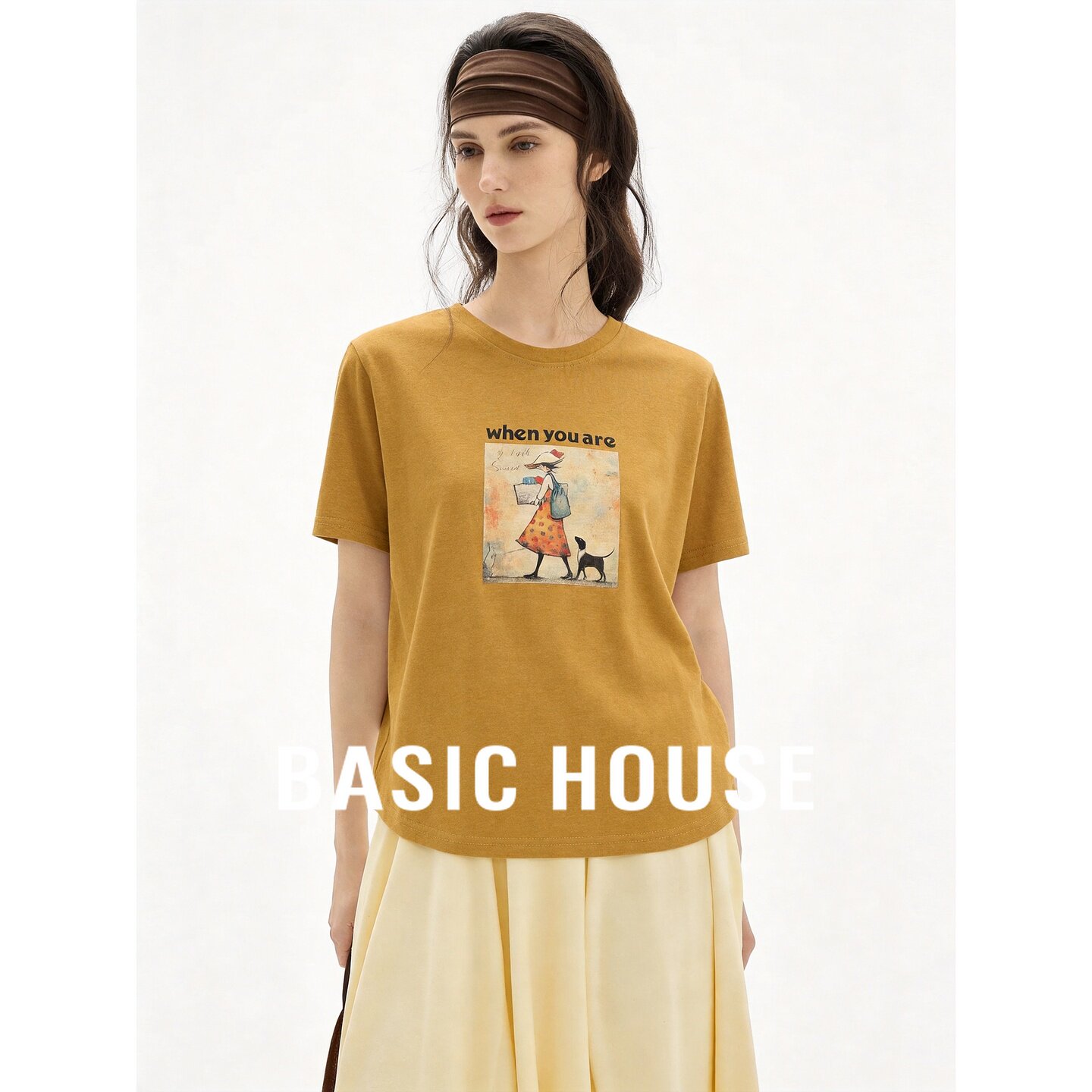 Basic House/百家好黄色显白圆领短袖T恤女夏季薄款宽松显瘦上衣