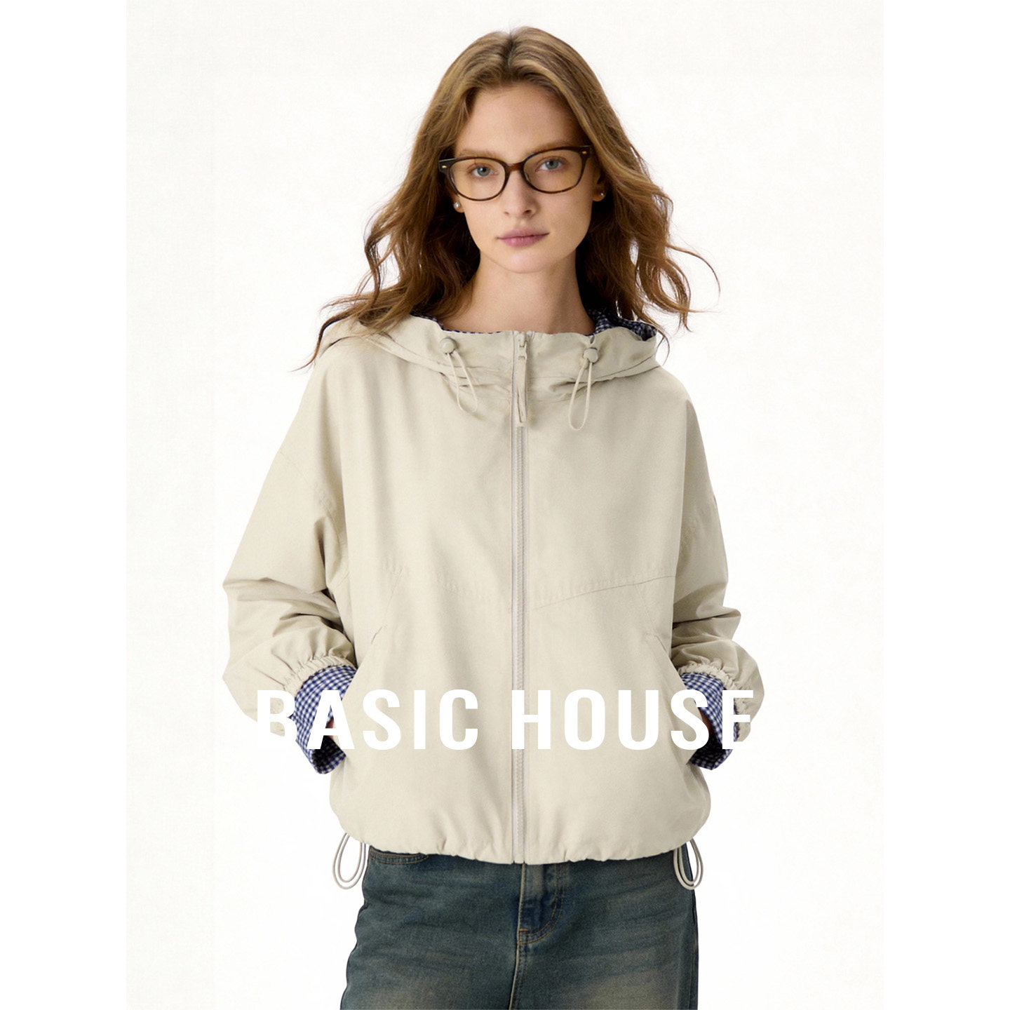 Basic House/百家好撞色格子拼接连帽短外套女秋好看宽松夹克上衣