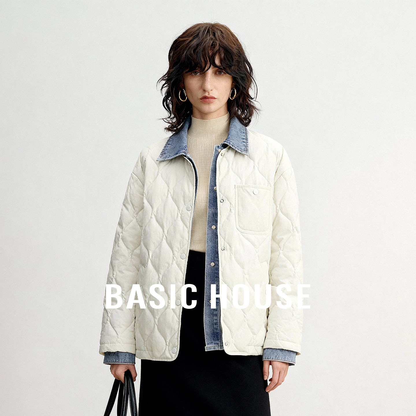 Basic House/百家好假两件轻薄牛仔拼接白鸭绒羽绒服女冬保暖外套