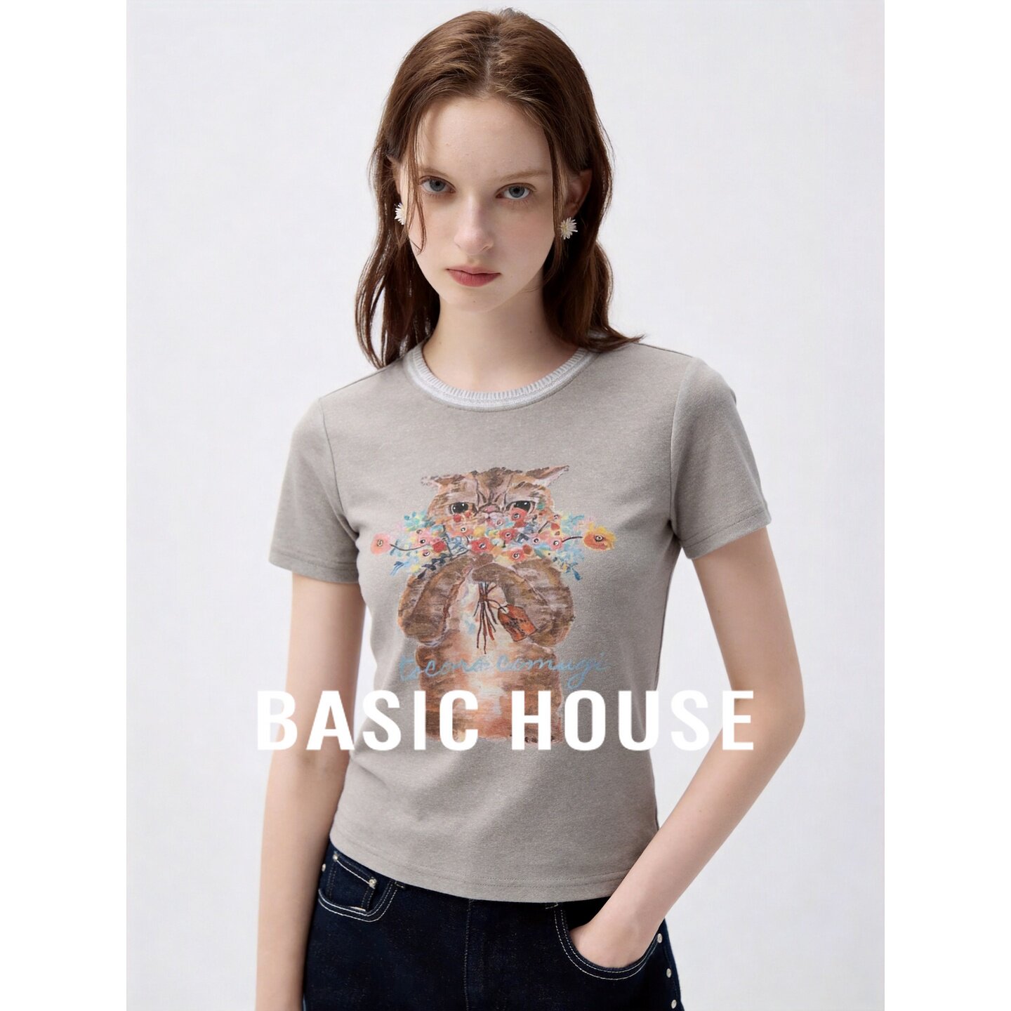 Basic House/百家好印花T恤亚麻莱赛尔圆领短袖修身女夏韩版复古