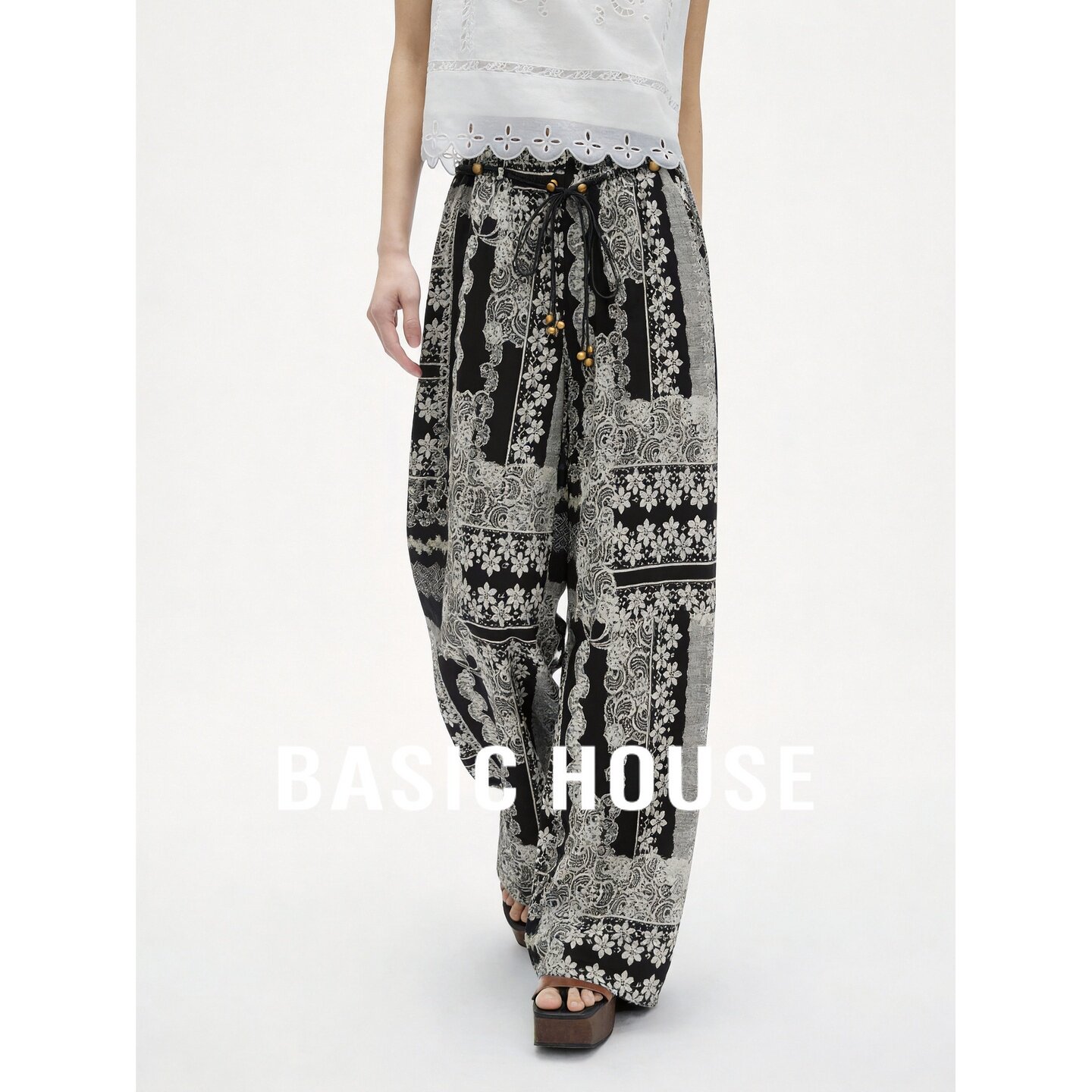 Basic House/百家好印花莱赛尔阔腿裤黑色系绳垂感直筒亚麻休闲裤